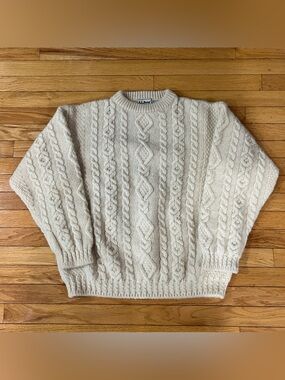 Vintage LL Bean Wool Fisherman Sweater Men’s Large Ireland Aran Cable Knit Ivory